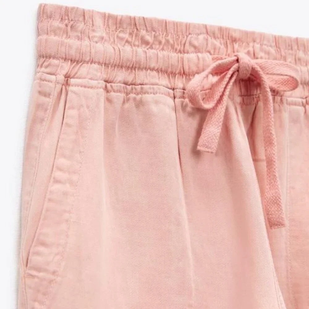 Zara Raw Hem Trousers Pink Linen Blend High Rise Utility Joggers